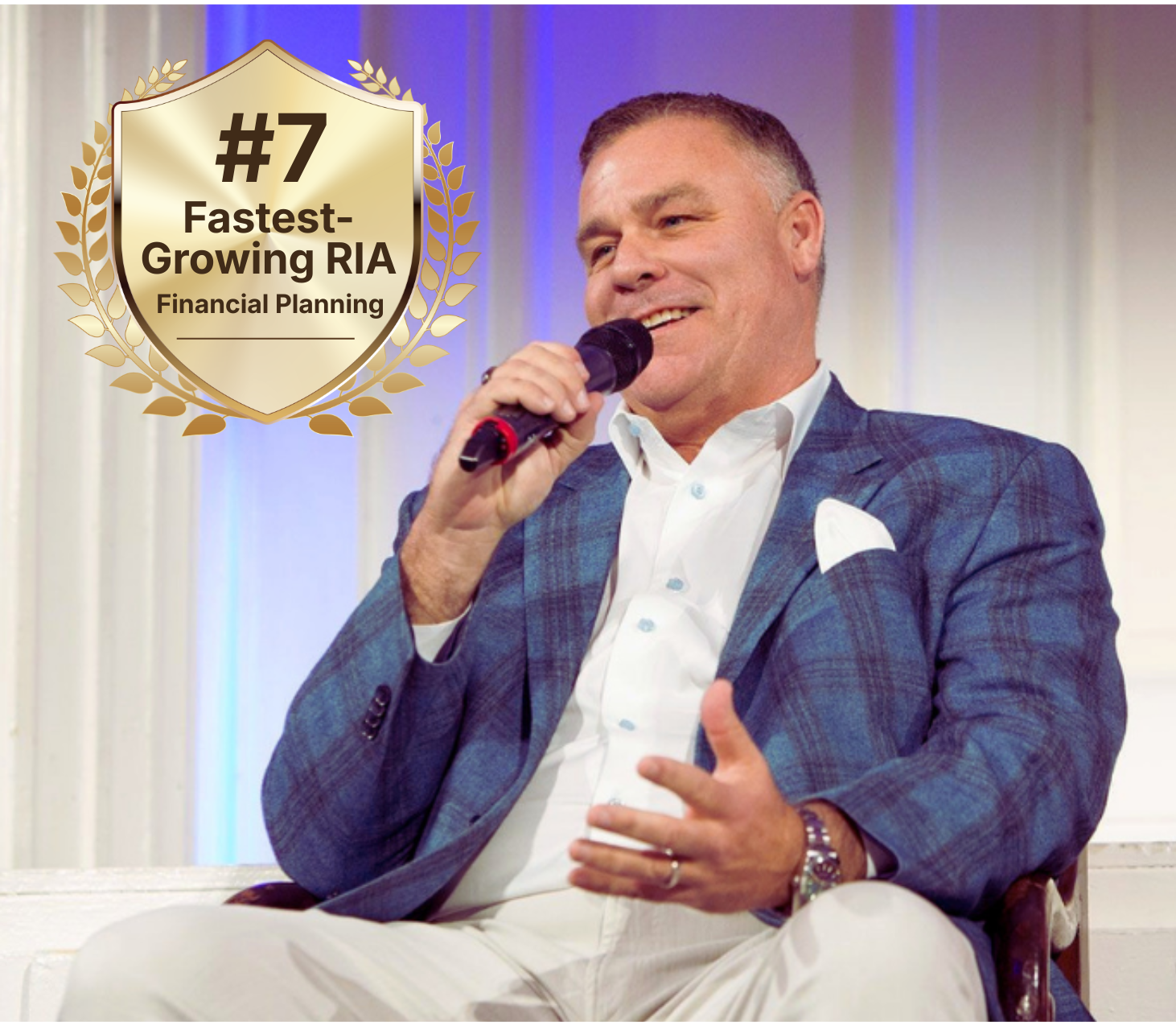 Jim Dickson speaking a badge #7 Fastest-Growing RIA on the top left corner